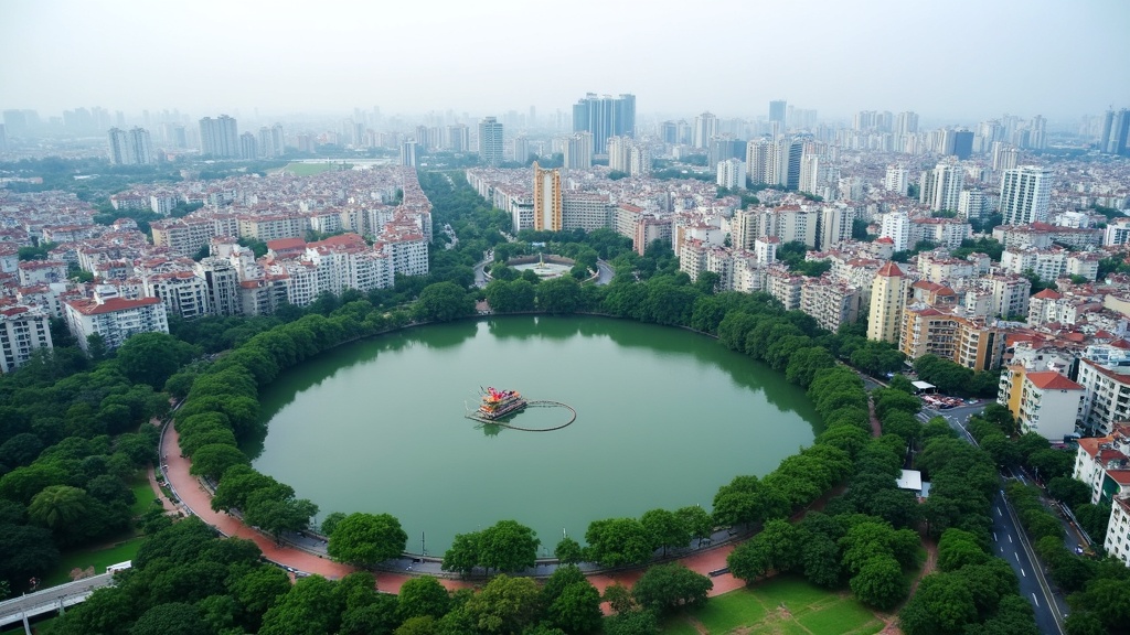 Aerial view of Hanoi, featuring Hoan Kiem Lake surrounded by city buildings and greenery