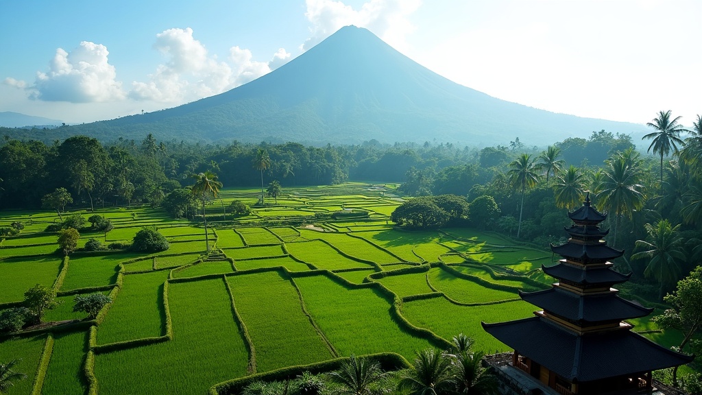 Stunning view of Bali rice terraces with volcano in the background